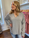 Moia Ribbed V-Neck Top-Heather Grey