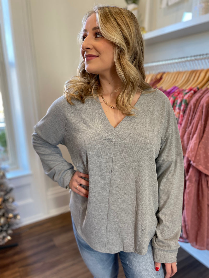 Moia Ribbed V-Neck Top-Heather Grey