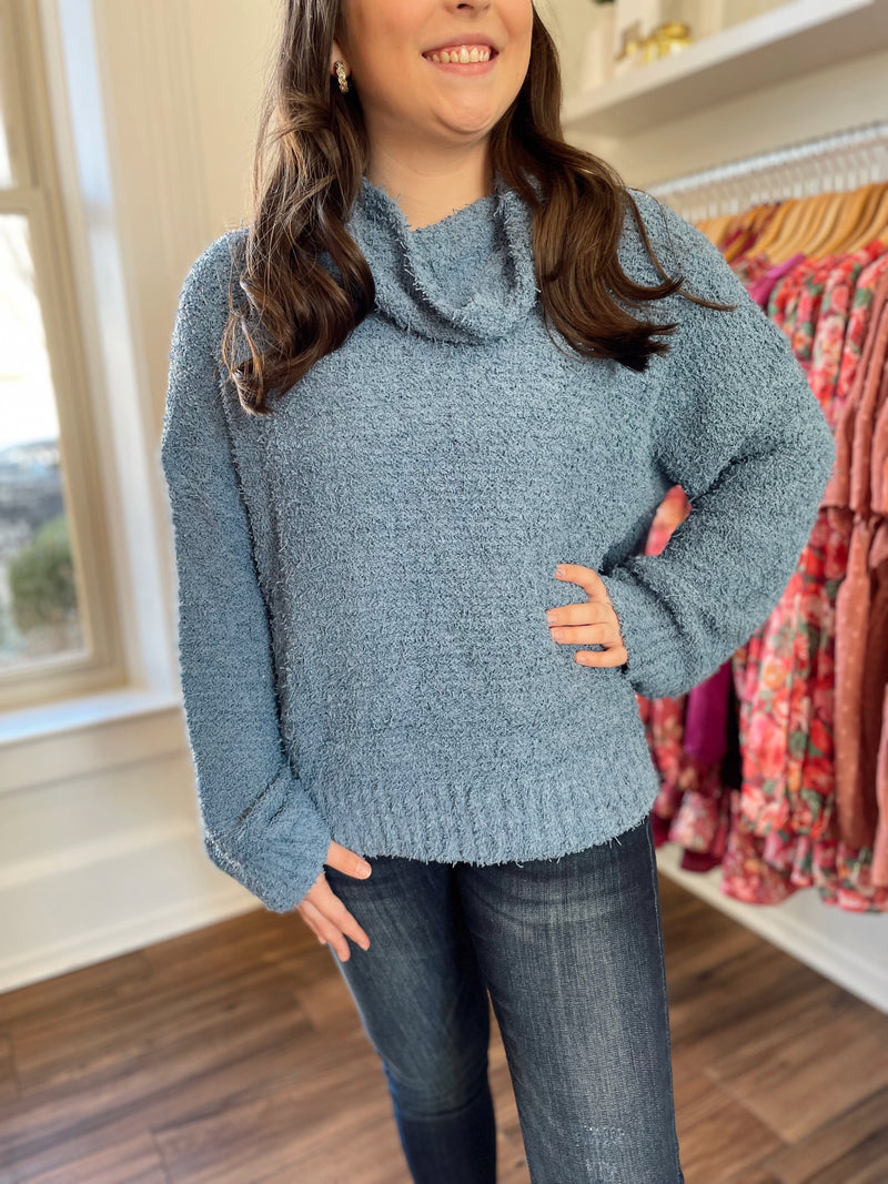 Loretta Cowl Neck Knit Sweater-Blue