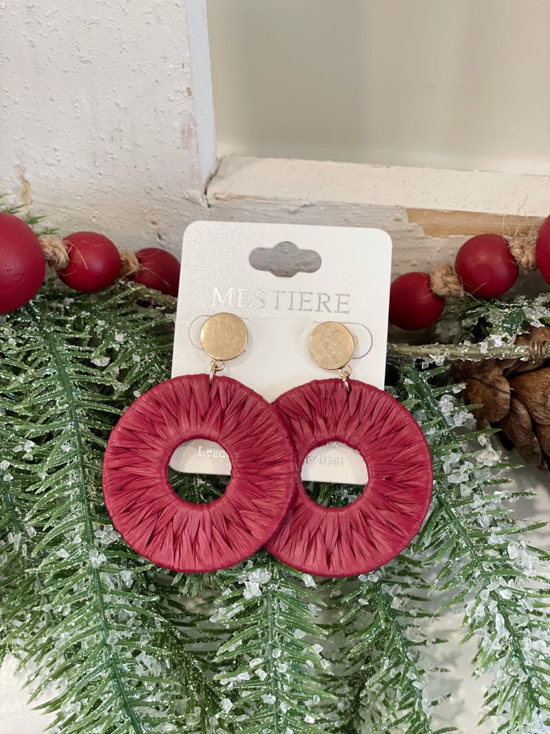 Raffia Wrapped Circle Earrings- Burgundy