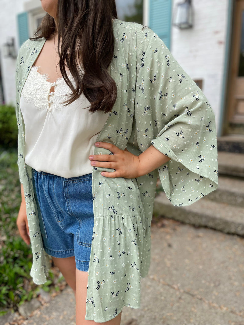 Pretty Lady Floral Cardigan-Sage