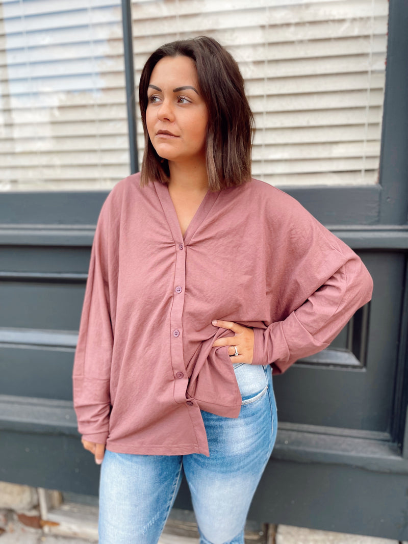 Leslie Button Down Top-Red Bean