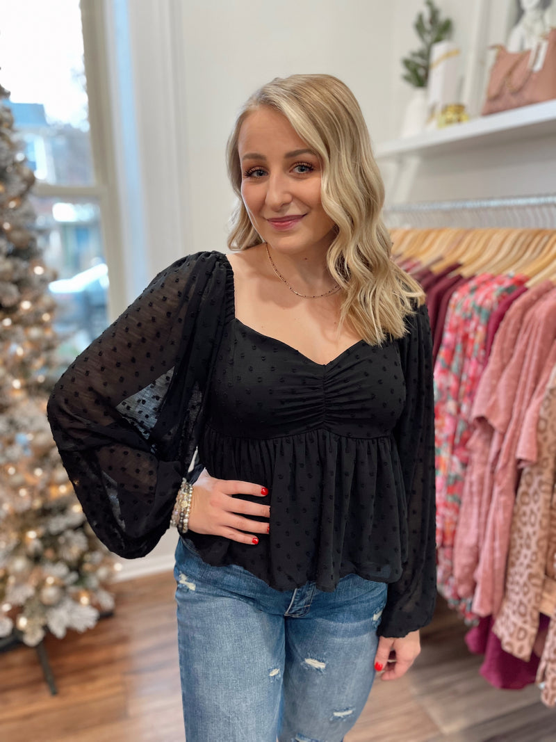 Posh Polka Dot Texture Top-Black