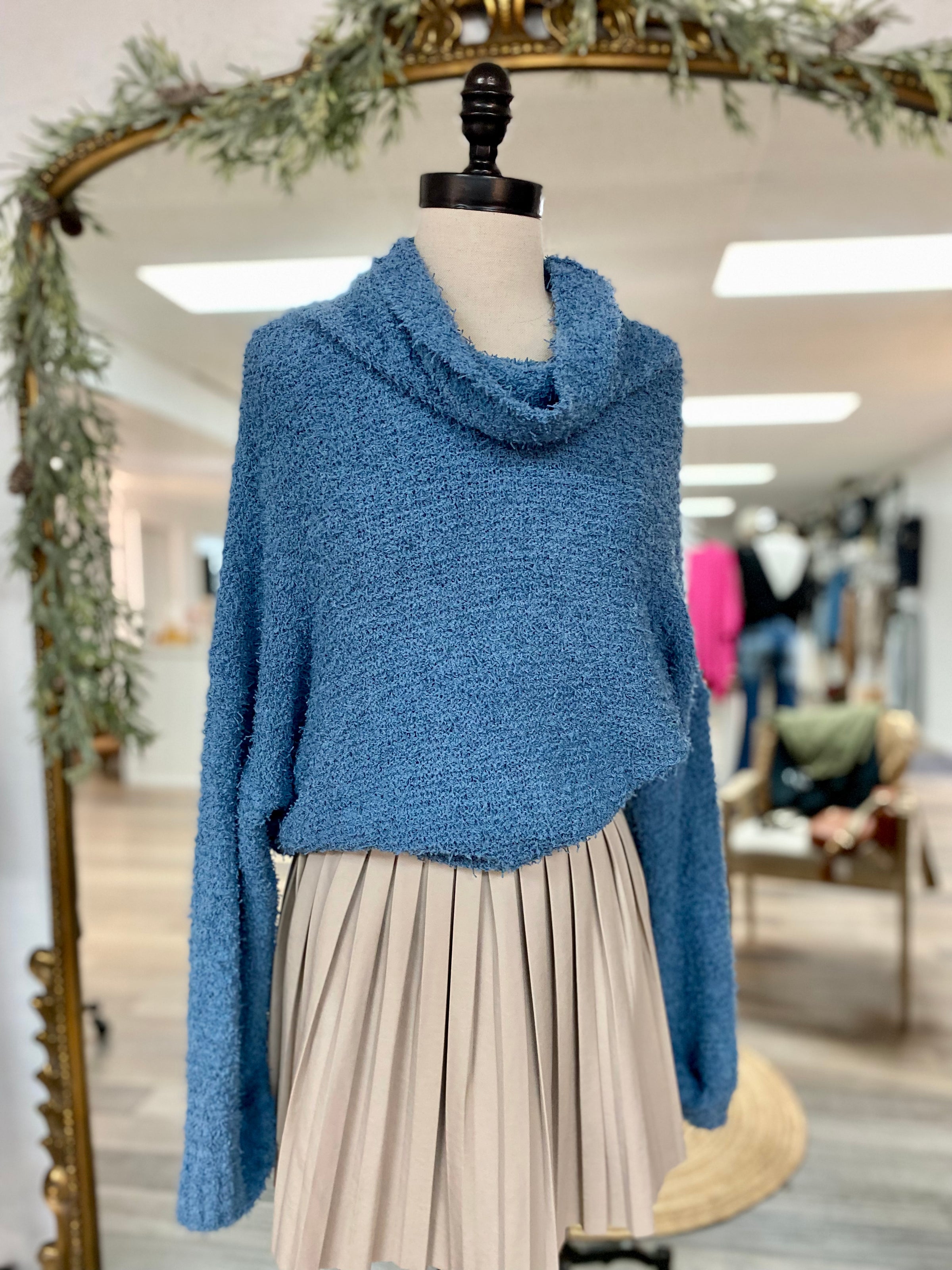 Loretta Cowl Neck Knit Sweater-Blue