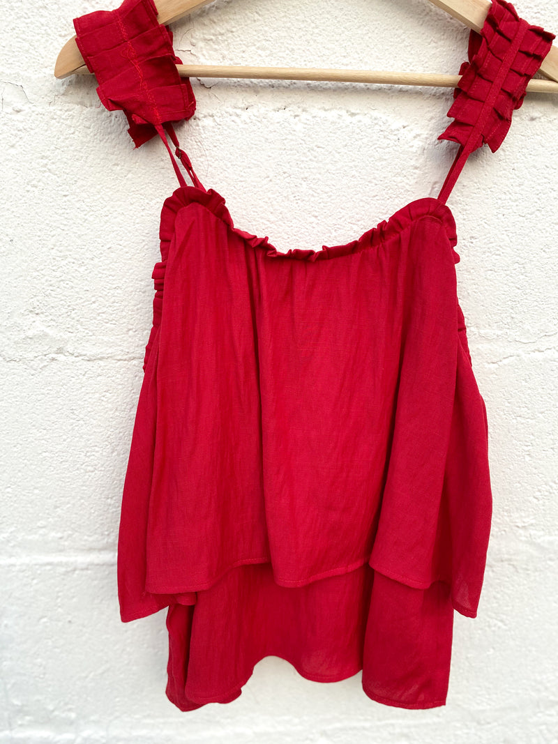 Tiered Pleated Strap Tank-Red