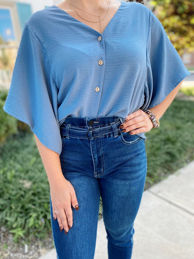 Harper Textured Top-Dusty Blue