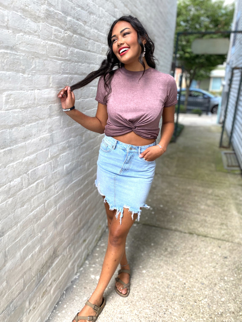 Riya Twist Front Cropped Tee-Burgundy