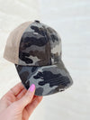 Kids Gray Camo Washed Denim W/ Crossed Band Pony Cap