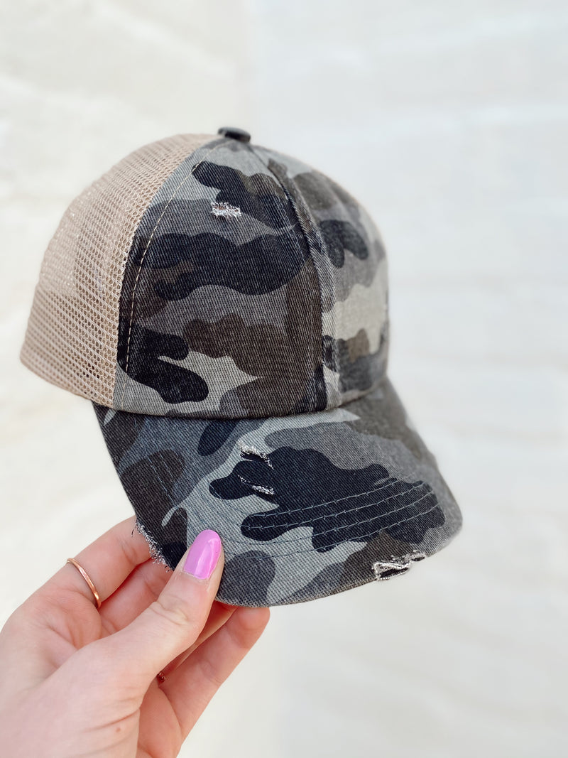 Kids Gray Camo Washed Denim W/ Crossed Band Pony Cap