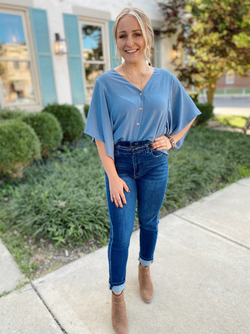 Harper Textured Top-Dusty Blue