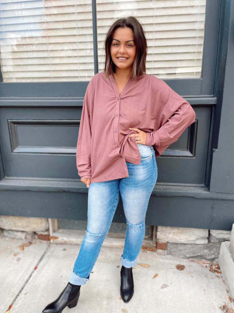 Leslie Button Down Top-Red Bean