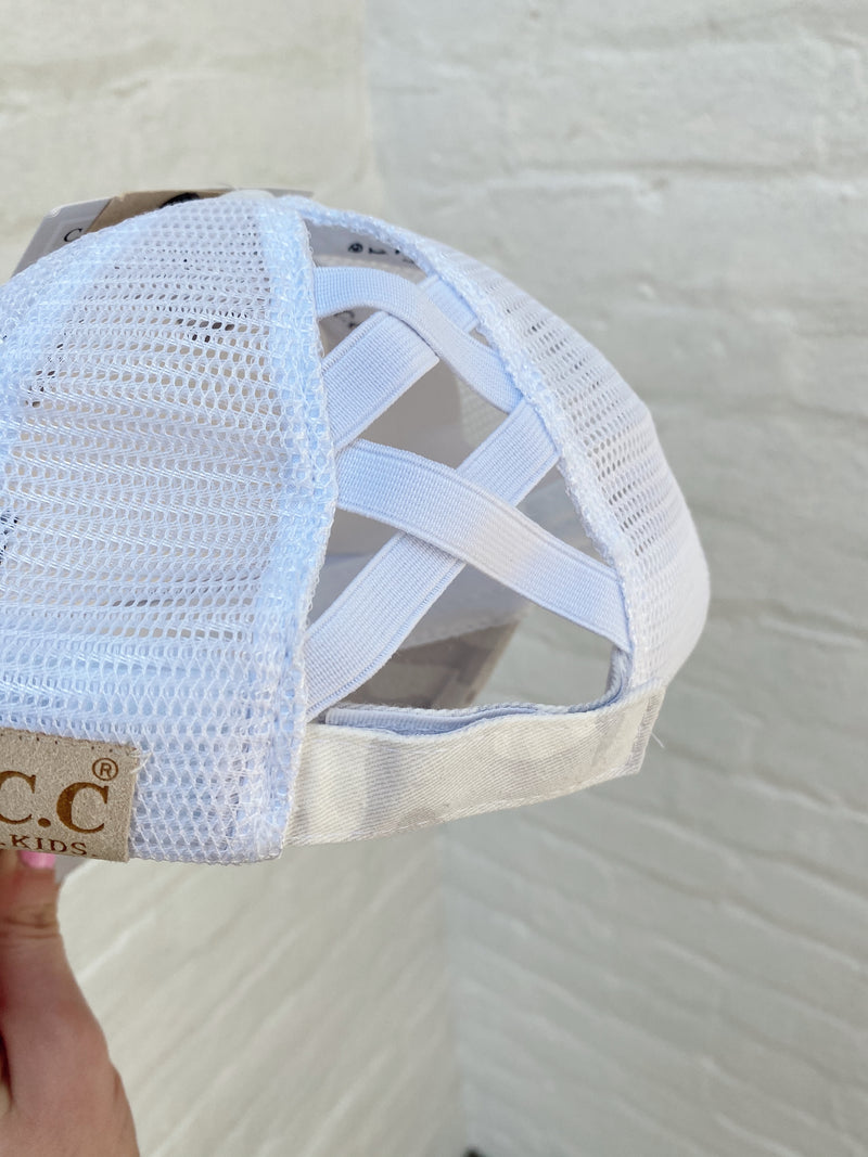 Kids White Camo Washed Denim W/ Crossed Band Pony Cap
