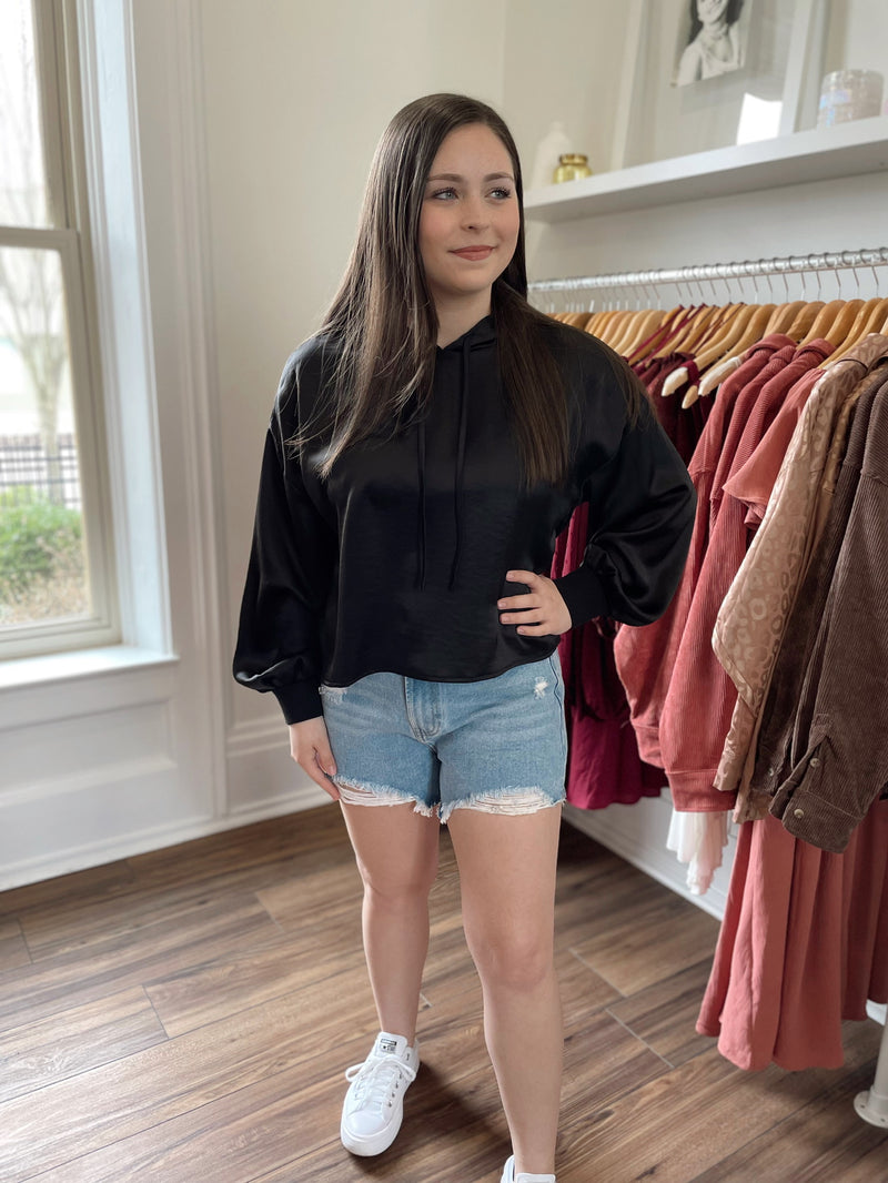 In Your Arms Satin Hoodie-Black