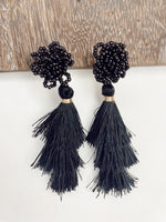 Bead & Long Tassel Earrings-Black