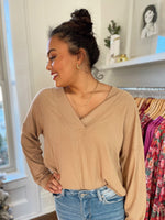 Moia Ribbed V-Neck Top-Mocha