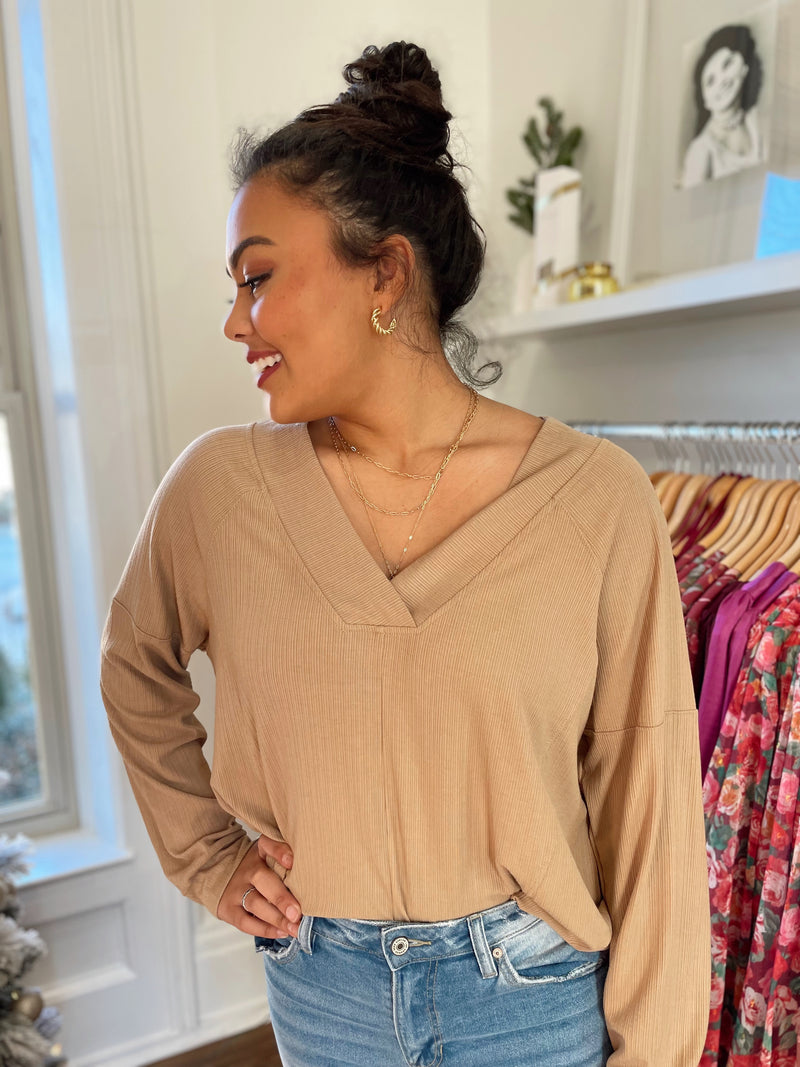 Moia Ribbed V-Neck Top-Mocha