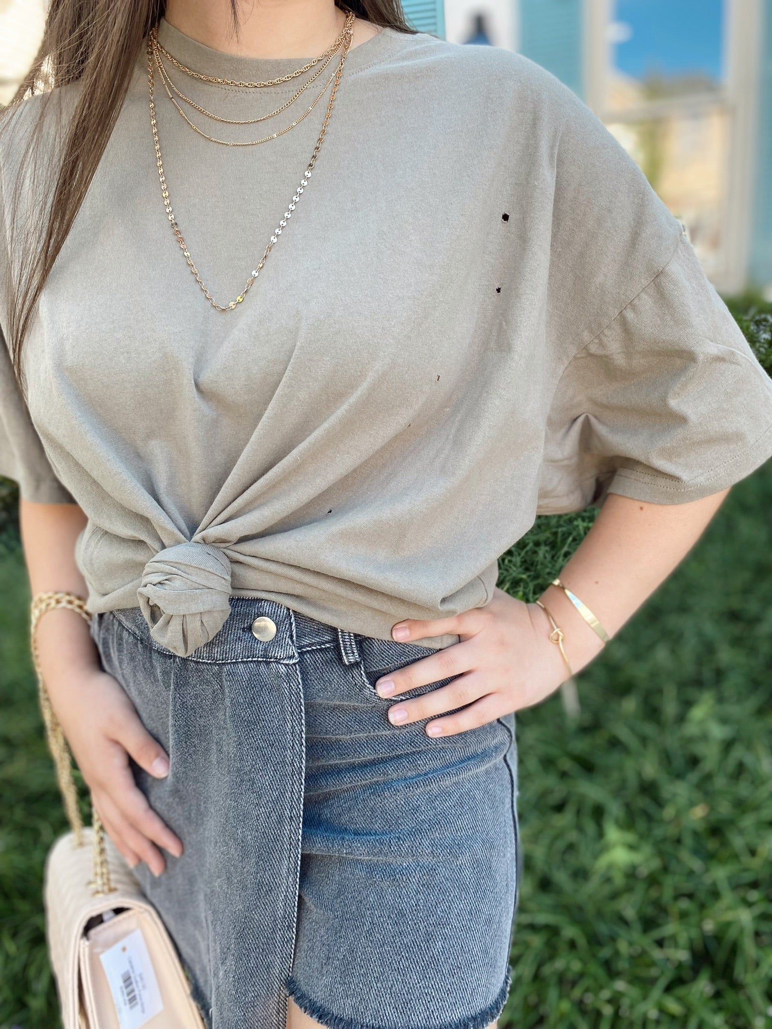 Dallas Distressed Oversized Top-Olive