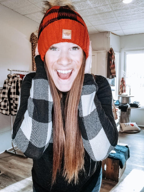 Red/Black Buffalo Plaid Knit Pom Hat