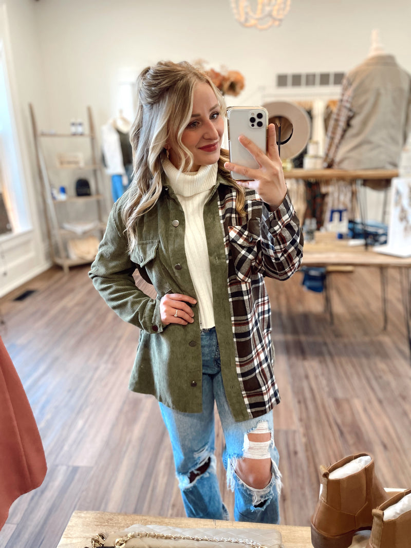 There's Always Two Sides Shacket- Olive