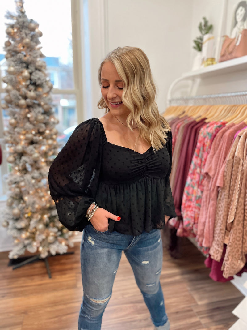 Posh Polka Dot Texture Top-Black