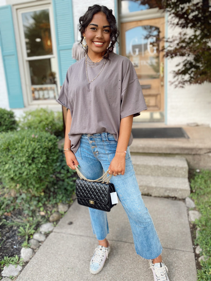 Dallas Distressed Oversized Top-Charcaol