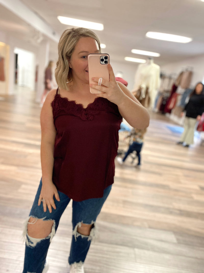 Curvy Chantria Button Detail Satin Cami-Wine