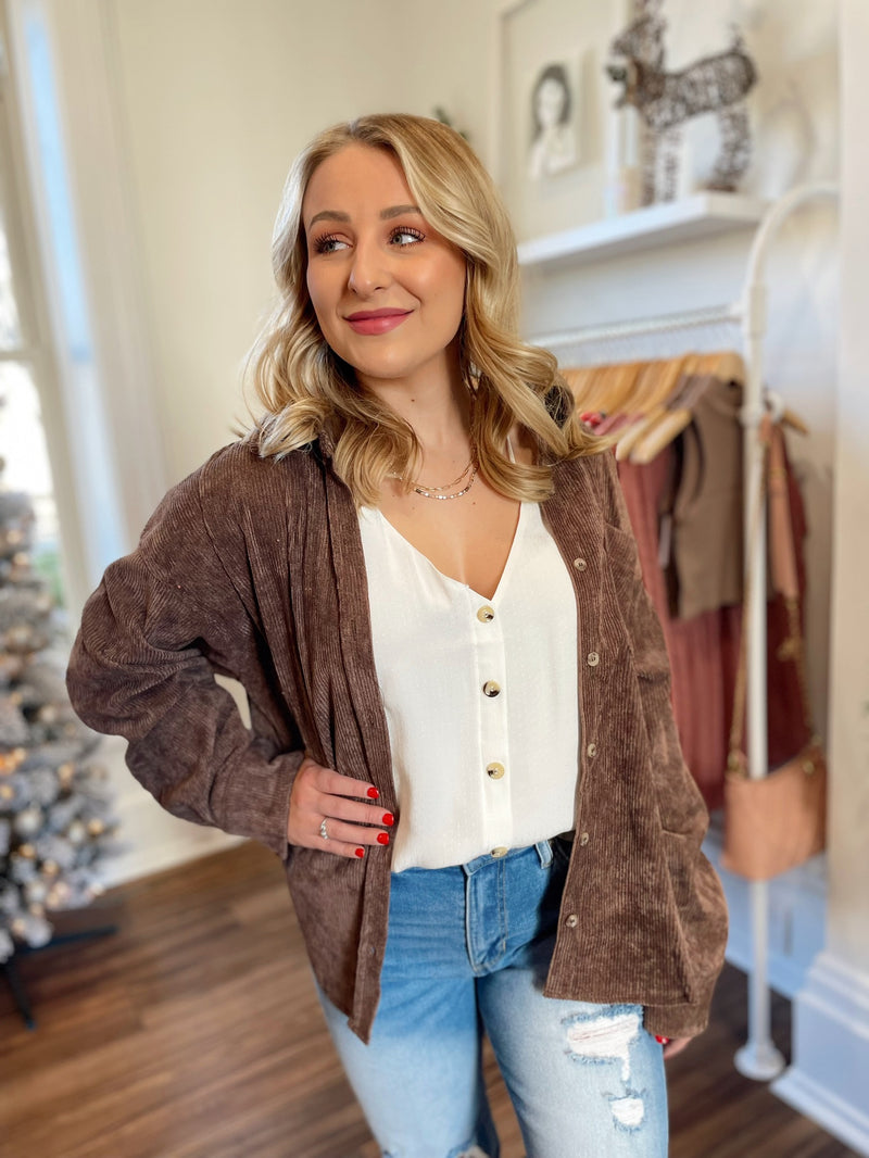 Sophia Corduroy Ribbed Shacket-Chocolate