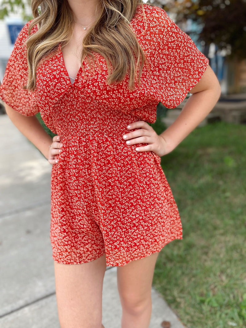Steph Drop Shoulder Printed Romper-Red