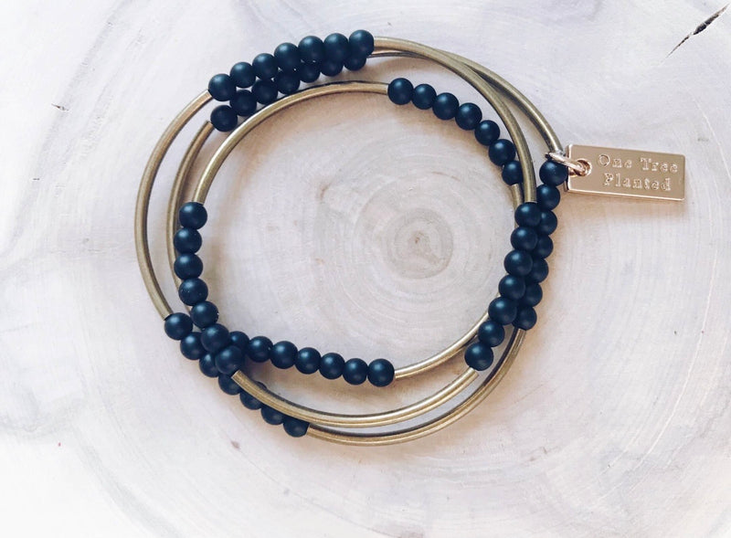 Black Agate Gemstone Antique Gold Triple Wrap Bracelet