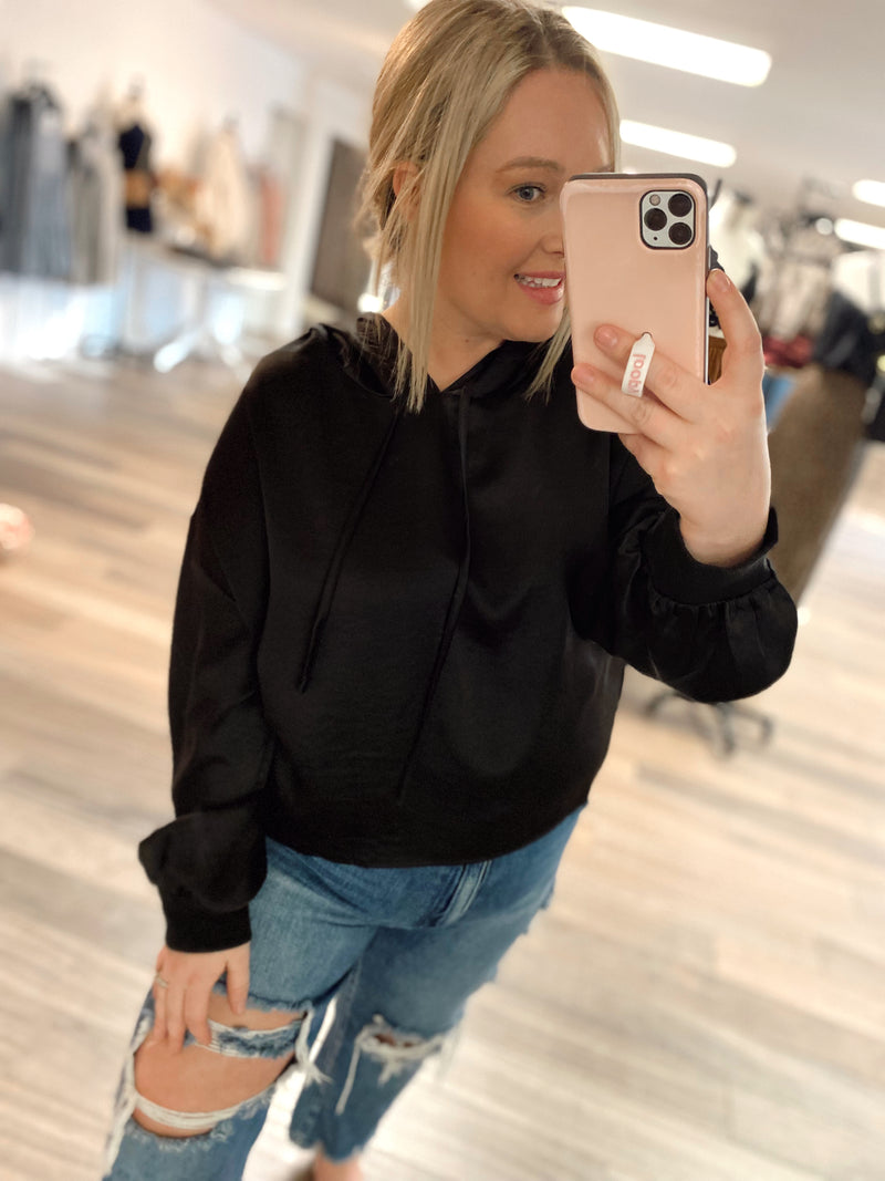 In Your Arms Satin Hoodie-Black