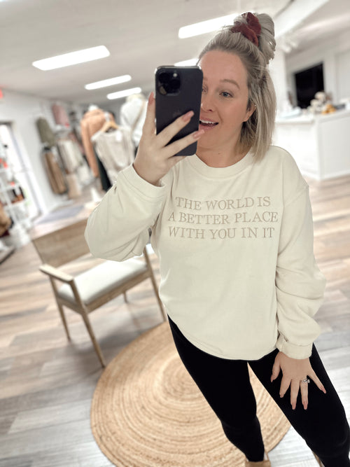IN STOCK COMING SOON The World Embroidered Crewneck Ivory