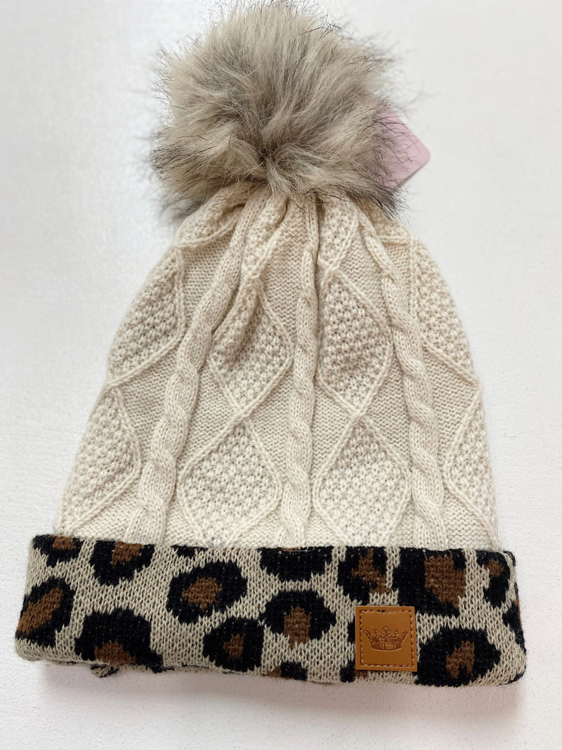 Ivory W/ Leopard Cuff Pom Hat