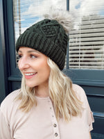 Hunter Green Cable Knit Pom Hat