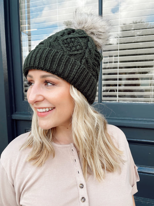 Hunter Green Cable Knit Pom Hat