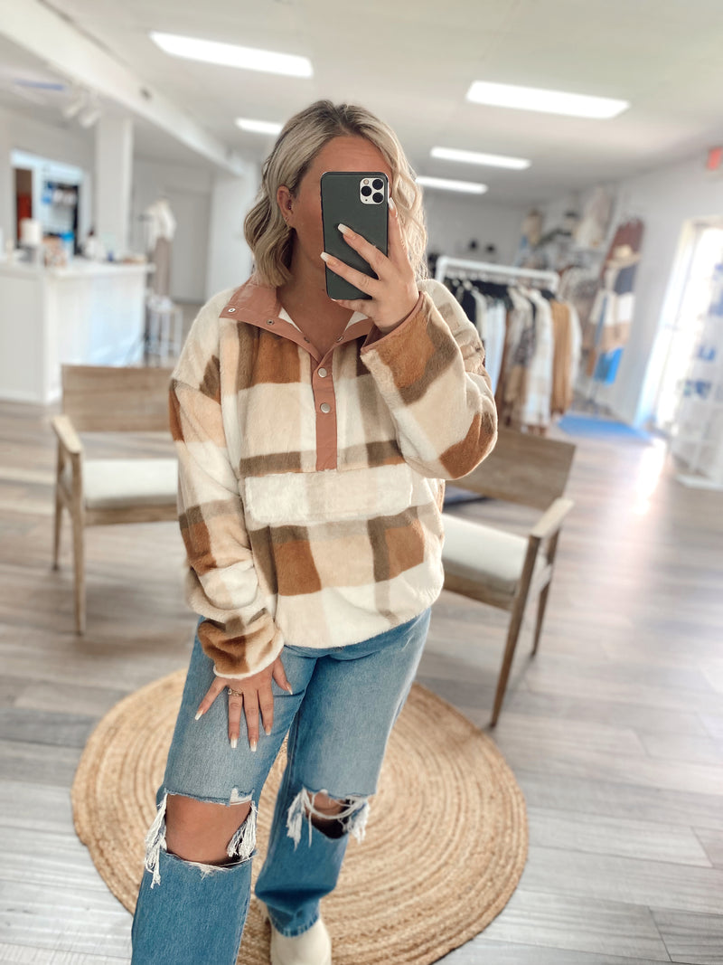 Get Cozy Plaid Pullover- Tan/Brown