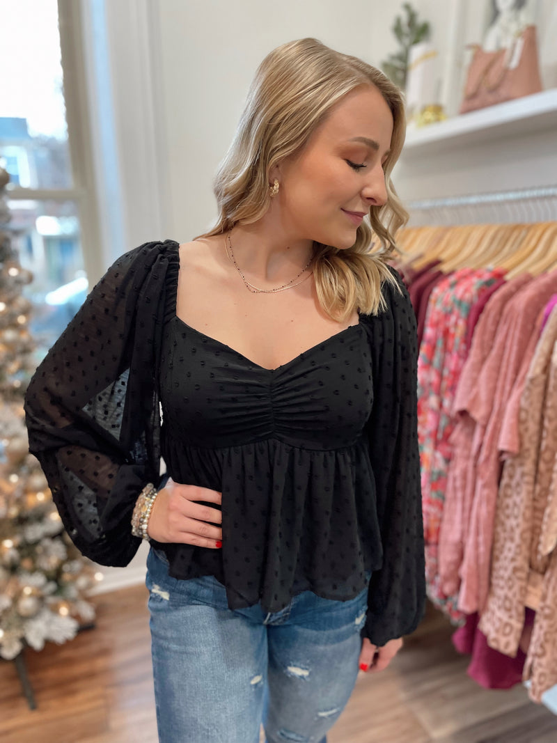 Posh Polka Dot Texture Top-Black