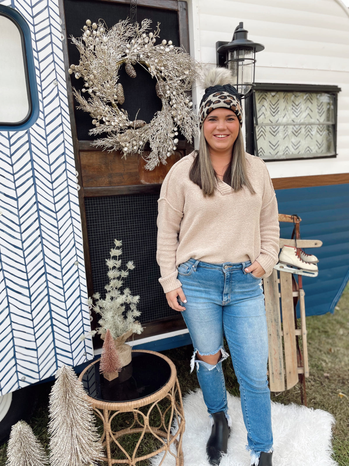 Louanne Oversized V-Neck Sweater-Taupe