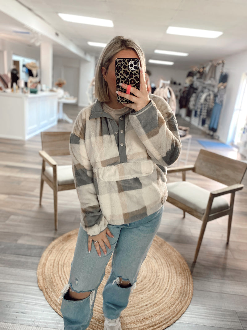 Get Cozy Plaid Pullover- Cream/Grey