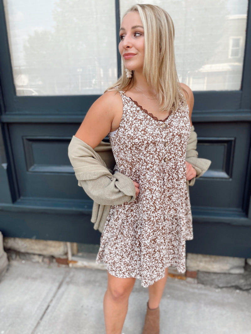 Lenna Floral Tiered Dress- Brown