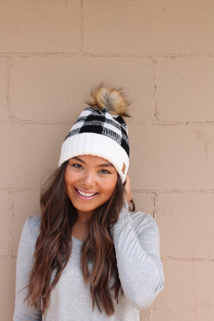 Black/White Buffalo Plaid Knit Pom Hat