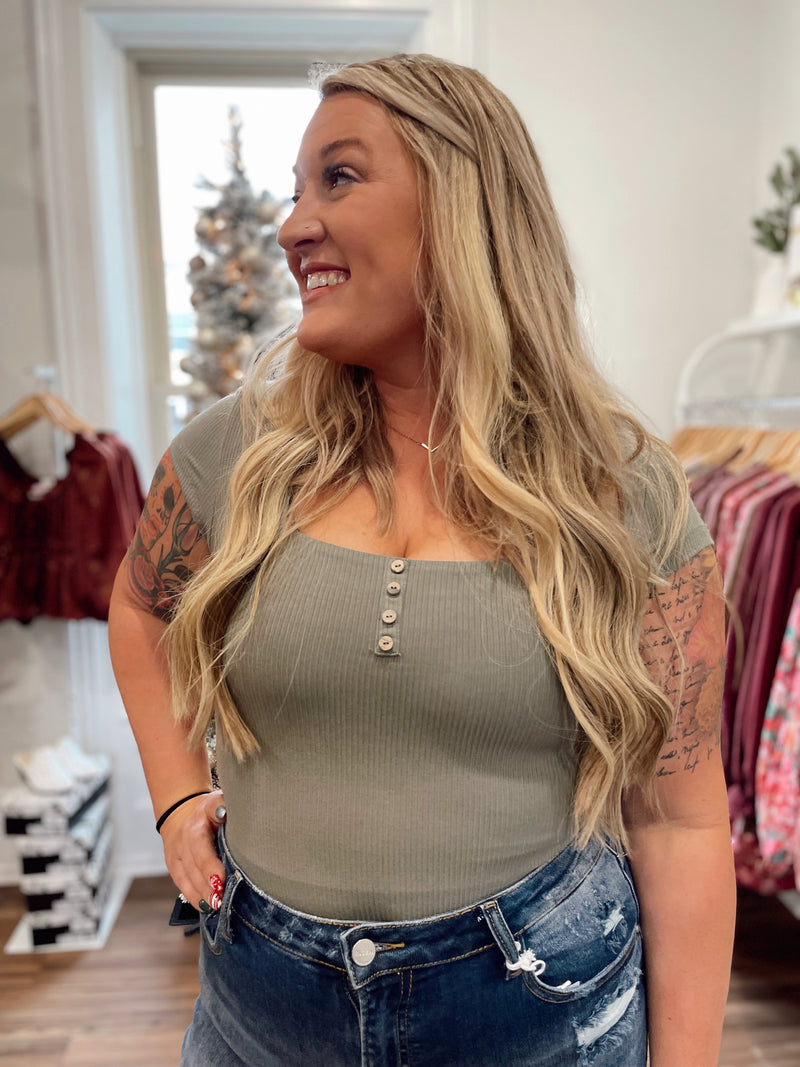 Keily Ribbed Bodysuit-Olive