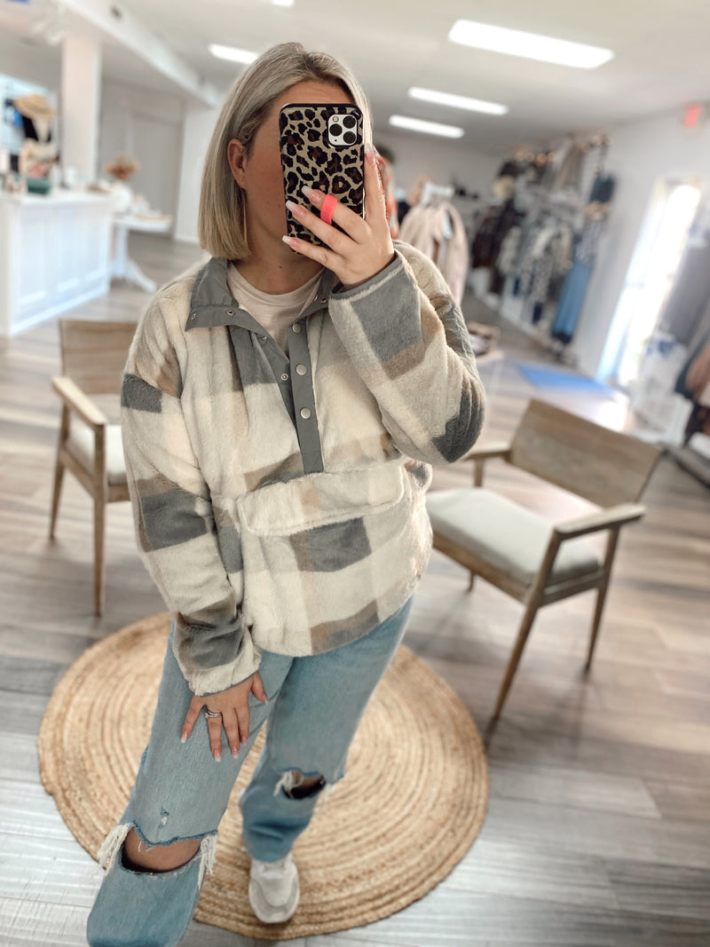 Get Cozy Plaid Pullover- Cream/Grey