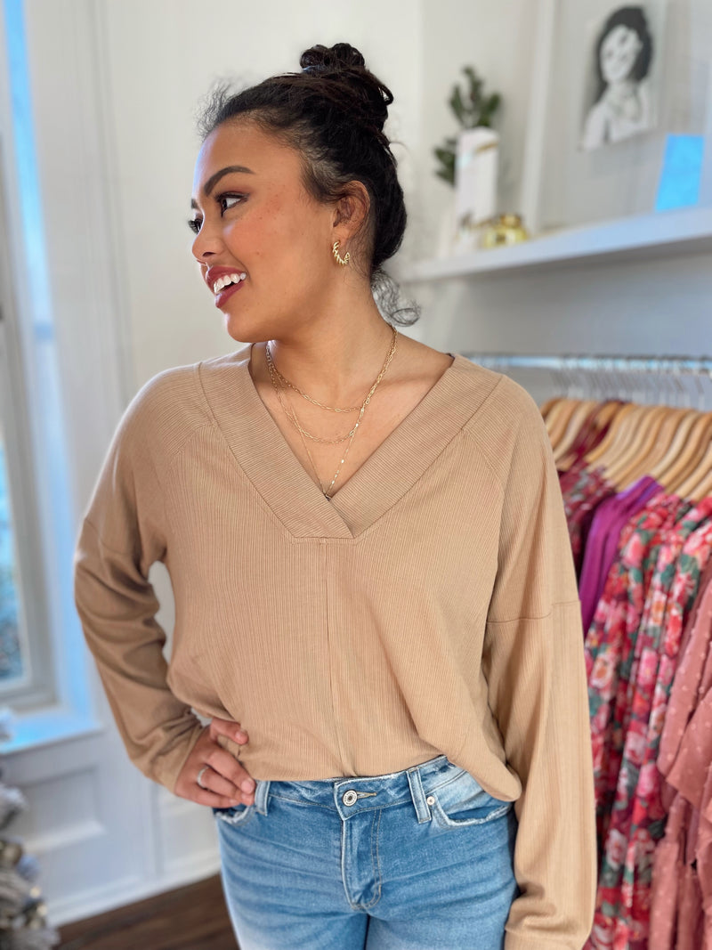 Moia Ribbed V-Neck Top-Mocha