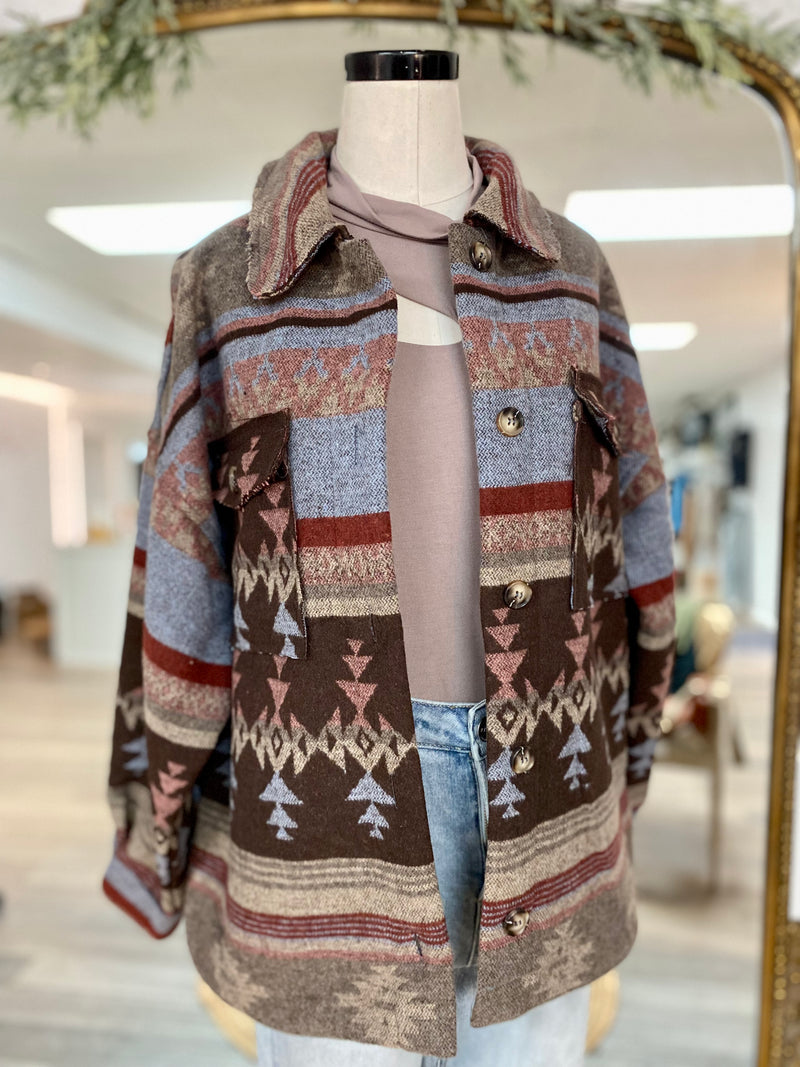 Lost Without You Aztec Pattern Jacket-Blue Mix