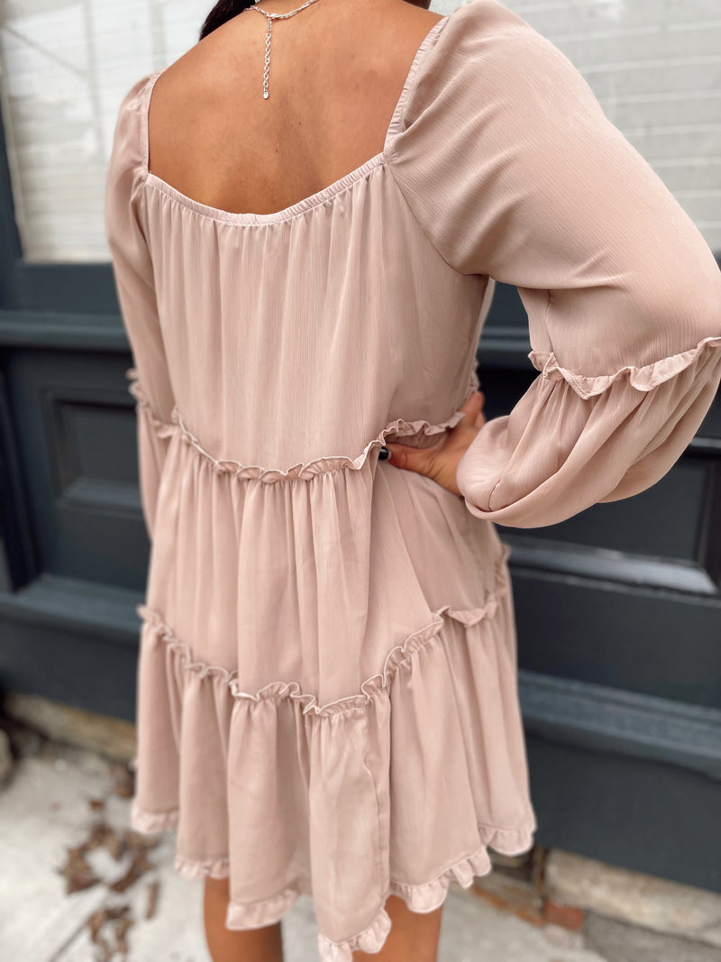 Tiered Ruffle Babydoll Dress-Taupe