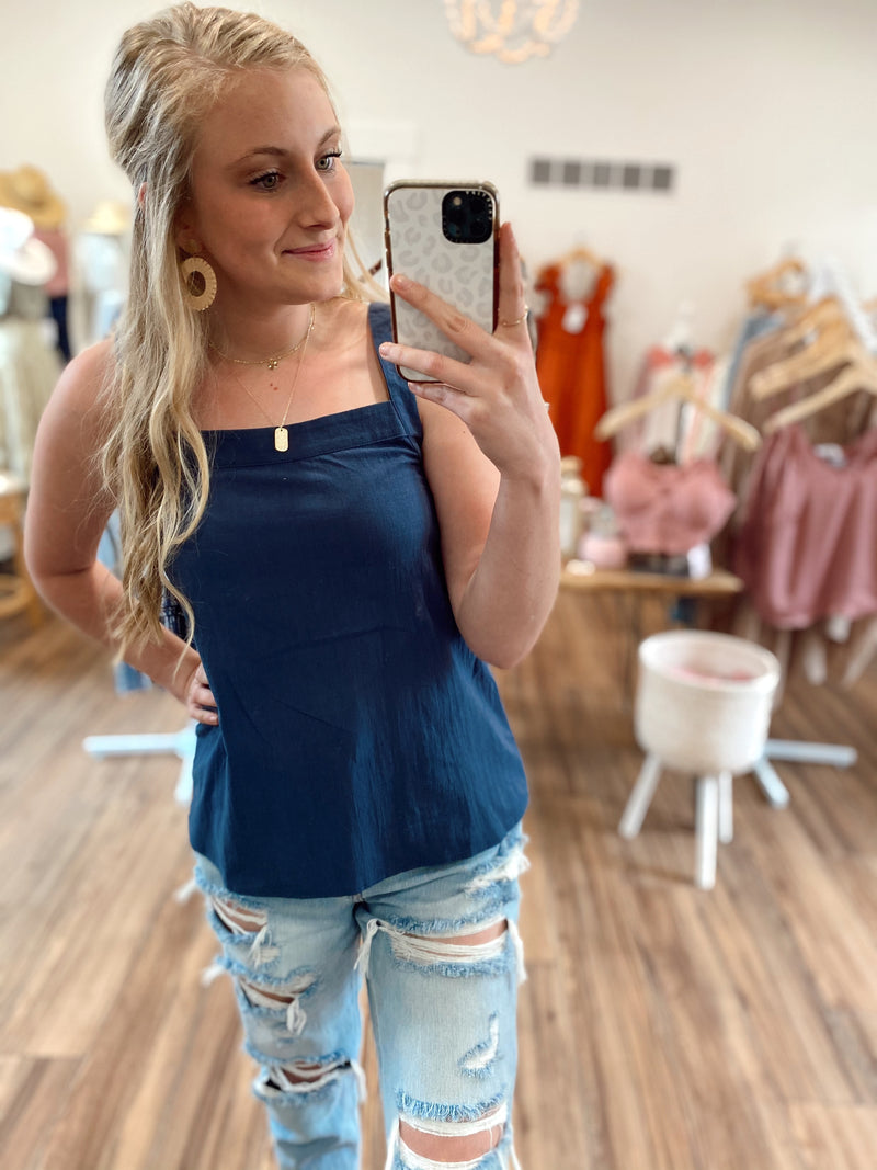 Kailah Linen Textured Square Neck Top-Navy