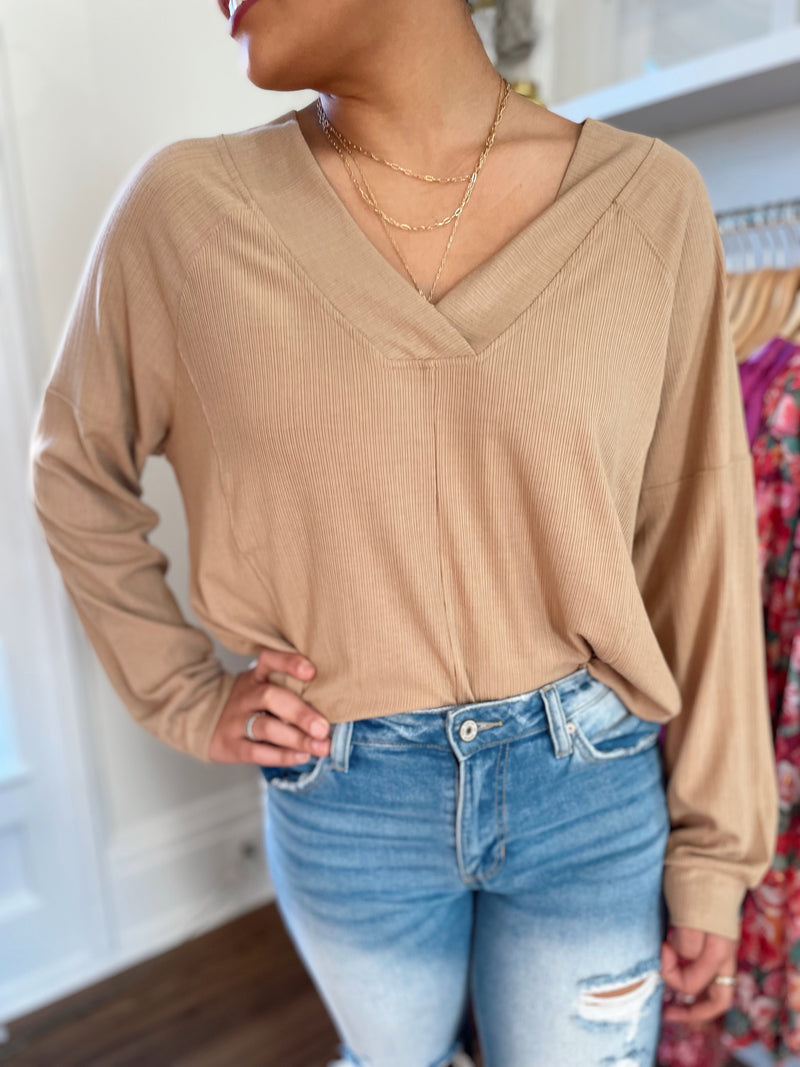 Moia Ribbed V-Neck Top-Mocha