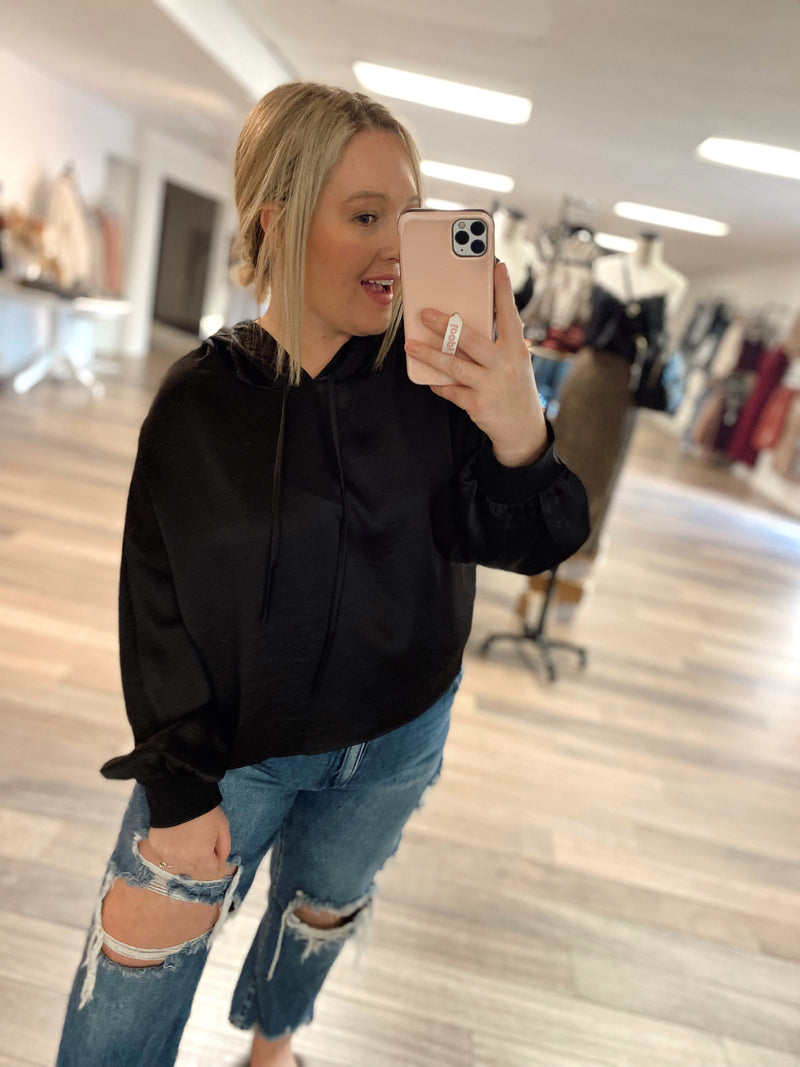 In Your Arms Satin Hoodie-Black