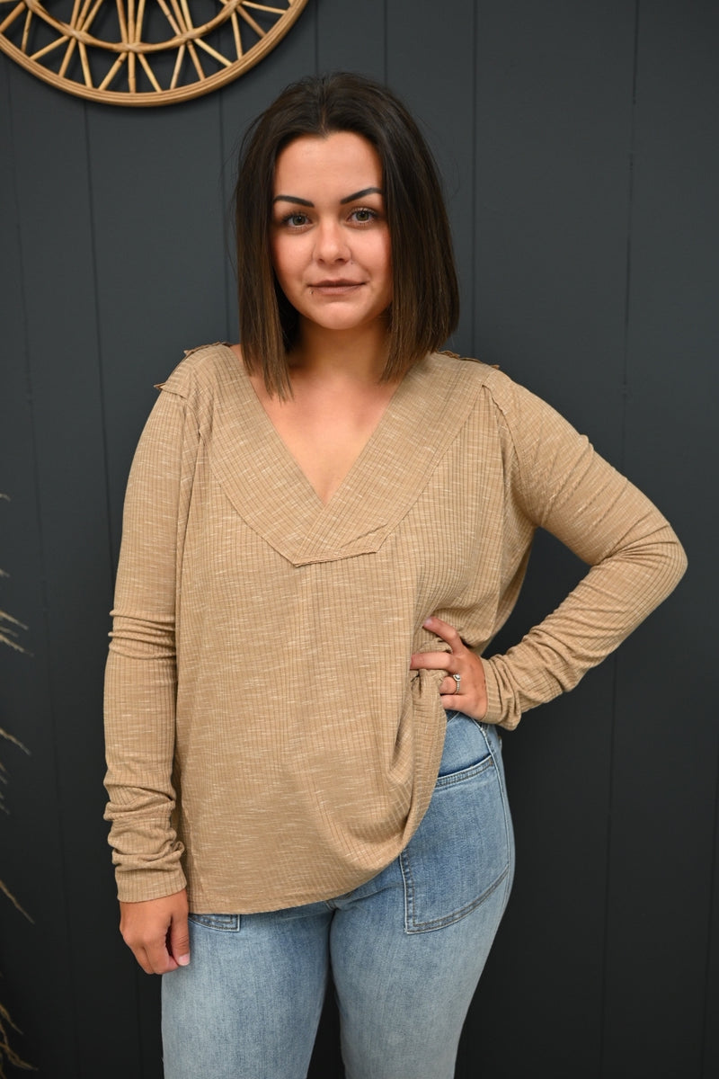 Shae V-Neck Ribbed Top-Clay