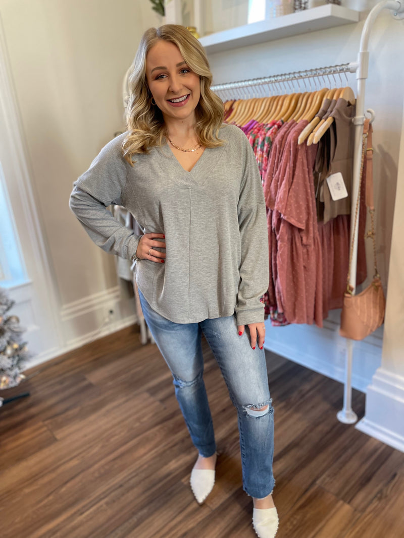 Moia Ribbed V-Neck Top-Heather Grey